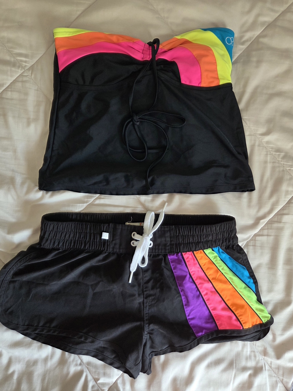 OP Women's Black Rainbow Tankini Top and Swim Shorts Set